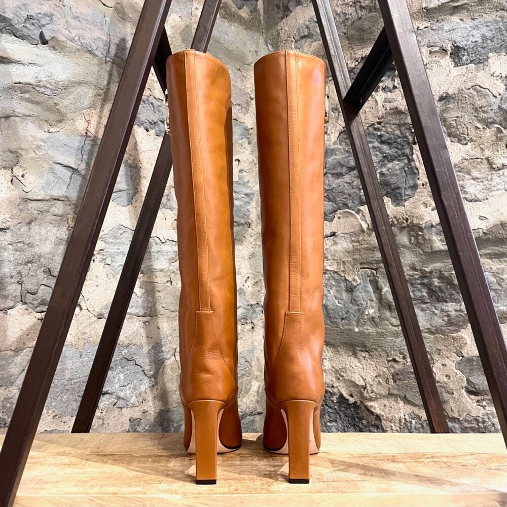 Jimmy Choo Tan Leather Mahesa 100 Knee High Logo Boots - Picture 5 of 11